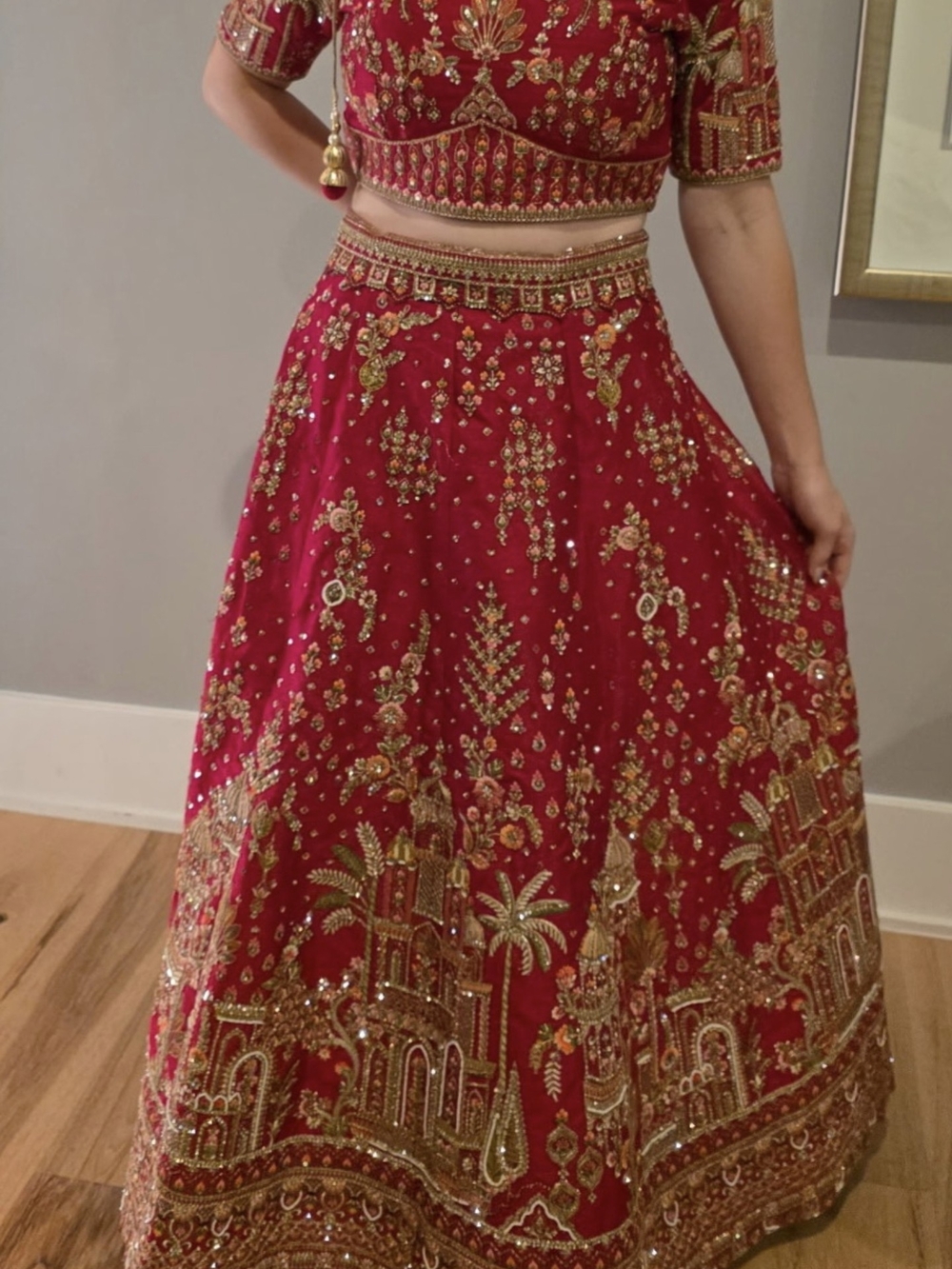 Embroidered Red Bridal Lehenga Skirt with Gold Accents